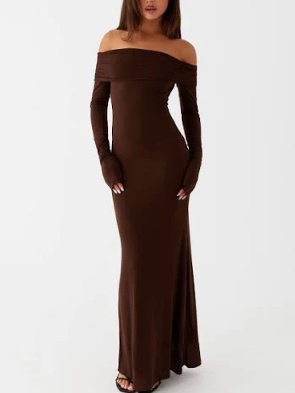 Size 6 Chocolate Brown Off Shoulder Long Sleeve Maxi Dress